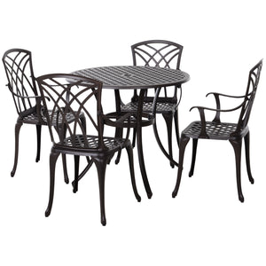 5 Pieces Outdoor Dining Set, Cast Aluminium Patio Table and Chairs with Parasol Hole for Garden Backyard Poolside, Patio Dining Set for 4, Brown