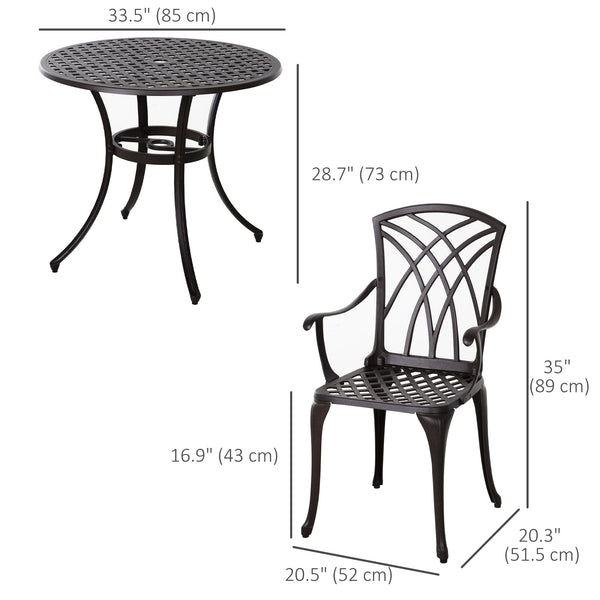 5 Pieces Outdoor Dining Set, Cast Aluminium Patio Table and Chairs with Parasol Hole for Garden Backyard Poolside, Patio Dining Set for 4, Brown