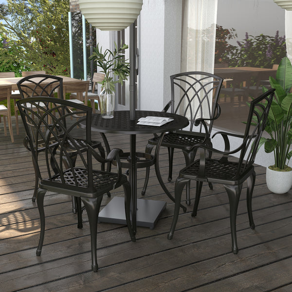 5 Pieces Outdoor Dining Set, Cast Aluminium Patio Table and Chairs with Parasol Hole for Garden Backyard Poolside, Patio Dining Set for 4, Brown