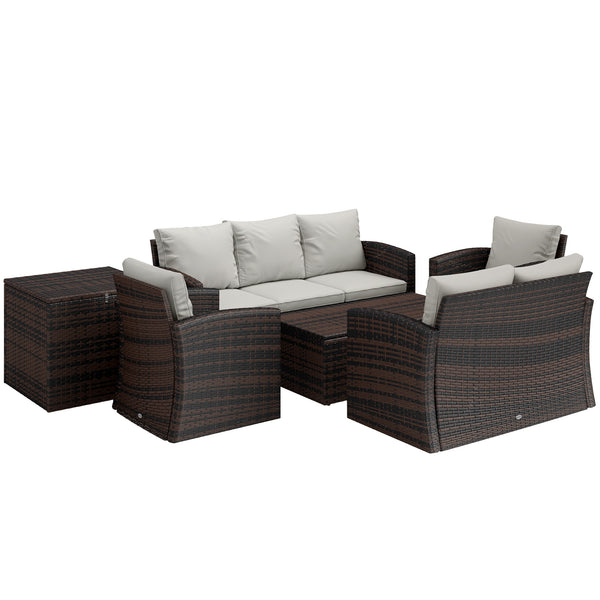 6 Pieces Wicker Patio Furniture Set with Cushions, 7-Seater Rattan Patio Sofa Set with Storage Coffee Table & Side Table, Sectional Outdoor Furniture Set, Cream White