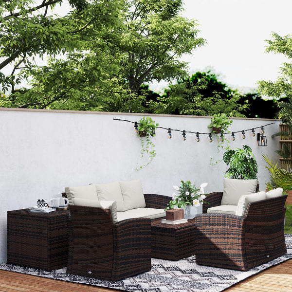 6 Pieces Wicker Patio Furniture Set with Cushions, 7-Seater Rattan Patio Sofa Set with Storage Coffee Table & Side Table, Sectional Outdoor Furniture Set, Cream White