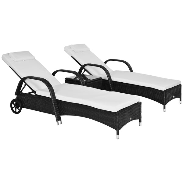 3 Pieces Wicker Patio Lounger Set with Table, PE Rattan Outdoor Lounge Chair Set with Cushions, Wheels, 5-Level Reclining Backrest, Headrest, Black/Cream