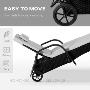 3 Pieces Wicker Patio Lounger Set with Table, PE Rattan Outdoor Lounge Chair Set with Cushions, Wheels, 5-Level Reclining Backrest, Headrest, Black/Cream