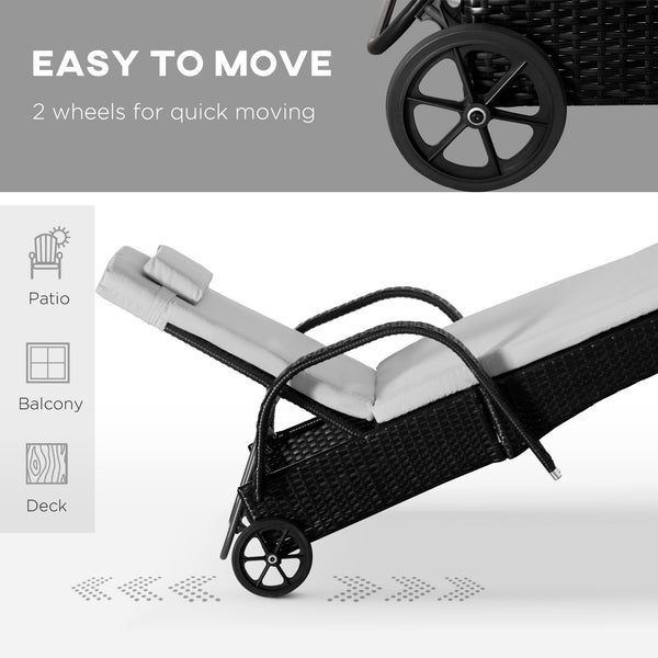 3 Pieces Wicker Patio Lounger Set with Table, PE Rattan Outdoor Lounge Chair Set with Cushions, Wheels, 5-Level Reclining Backrest, Headrest, Black/Cream