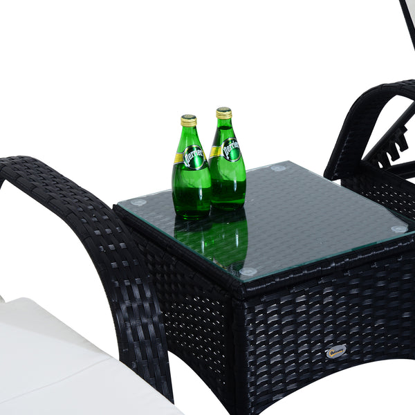 3 Pieces Wicker Patio Lounger Set with Table, PE Rattan Outdoor Lounge Chair Set with Cushions, Wheels, 5-Level Reclining Backrest, Headrest, Black/Cream