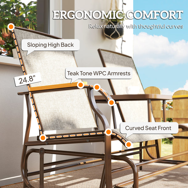 2 Person Outdoor Glider Bench, Patio Swing Glider Chair Loveseat with Breathable Mesh, Table, Steel Frame for Garden, Backyard, Porch, Light Mixed Brown