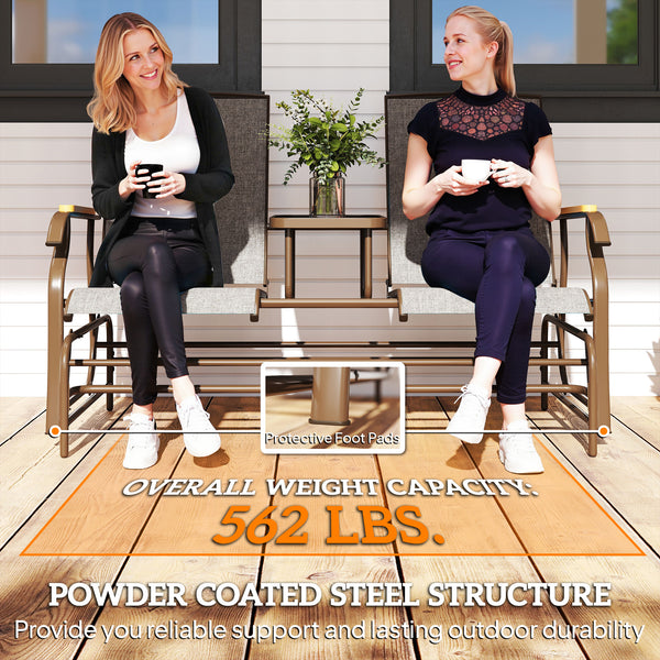 2 Person Outdoor Glider Bench, Patio Swing Glider Chair Loveseat with Breathable Mesh, Table, Steel Frame for Garden, Backyard, Porch, Light Mixed Brown