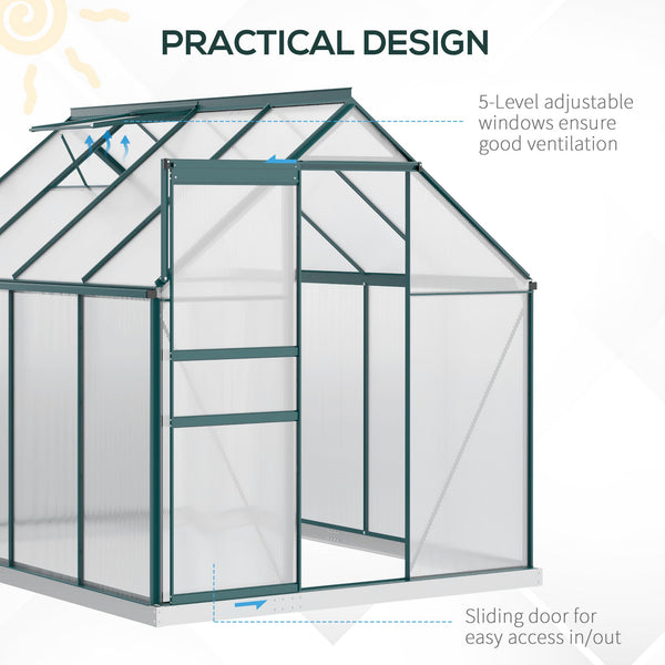 6' x 8' x 6.5' Polycarbonate Greenhouse, Walk-in Green House with Adjustable Roof Vent Galvanized Base Sliding Door Rain Gutter for Outdoor Garden Backyard, Green