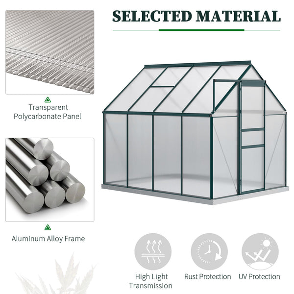 6' x 8' x 6.5' Polycarbonate Greenhouse, Walk-in Green House with Adjustable Roof Vent Galvanized Base Sliding Door Rain Gutter for Outdoor Garden Backyard, Green