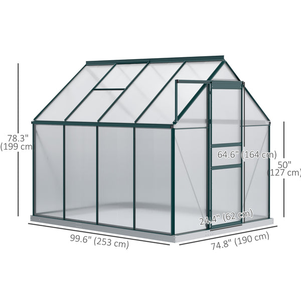 6' x 8' x 6.5' Polycarbonate Greenhouse, Walk-in Green House with Adjustable Roof Vent Galvanized Base Sliding Door Rain Gutter for Outdoor Garden Backyard, Green