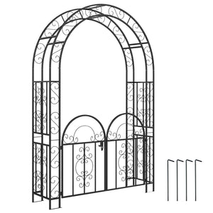 7.4ft Steel Garden Arch with Gate, Garden Arbor Trellis for Climbing Plants, Roses, Vines, Wedding Arch for Outdoor, Garden, Lawn, Backyard, Black