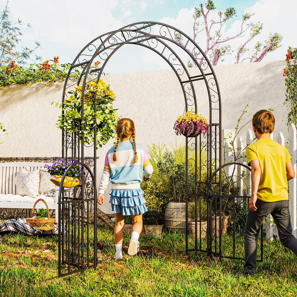 7.4ft Steel Garden Arch with Gate, Garden Arbor Trellis for Climbing Plants, Roses, Vines, Wedding Arch for Outdoor, Garden, Lawn, Backyard, Black