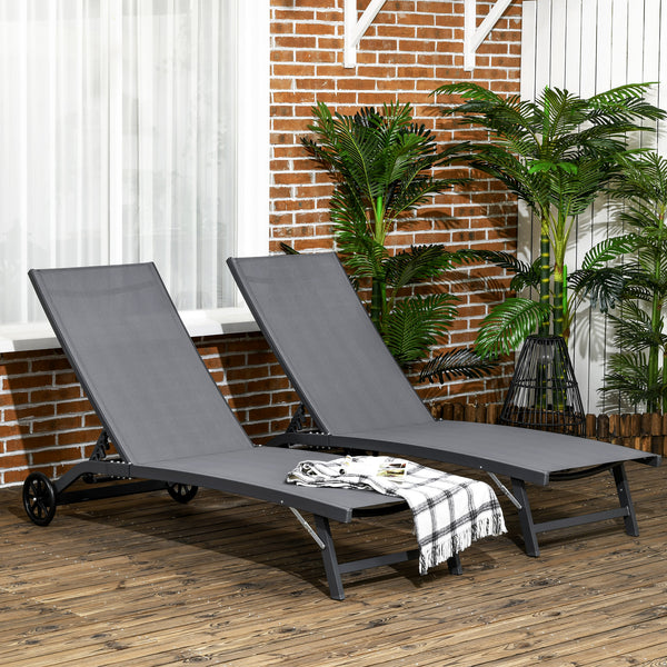 Lounge Chair Outdoor Set of 2 with Wheels, 5-Position Reclining Chaise Lounge Tanning Chair, Breathable Mesh Sun Lounger for Patio, Backyard, Beach, Poolside, Dark Grey