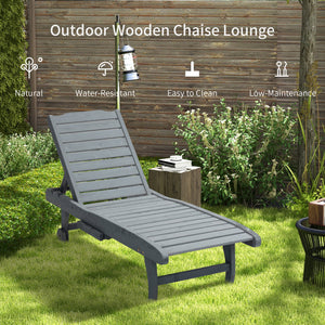 Garden Patio Sun Lounger, Outdoor Wooden Sun Bed with Built-In Table, Reclining Backrest and Rolling Wheels for Sunbathing, Grey