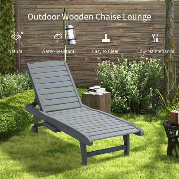 Wooden Outdoor Lounge Chair, Adjustable Patio Outdoor Chaise Recliner Garden Furniture, Tanning Chair with Pull-out Tray and 2 Wheels, Grey