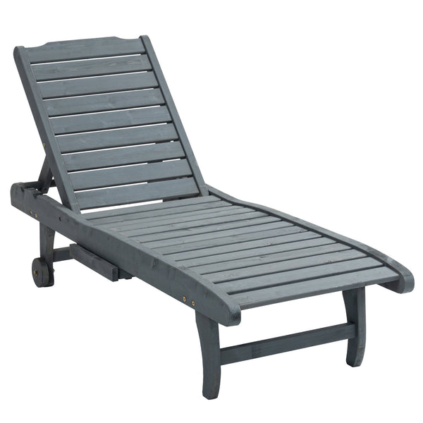 Garden Patio Sun Lounger, Outdoor Wooden Sun Bed with Built-In Table, Reclining Backrest and Rolling Wheels for Sunbathing, Grey