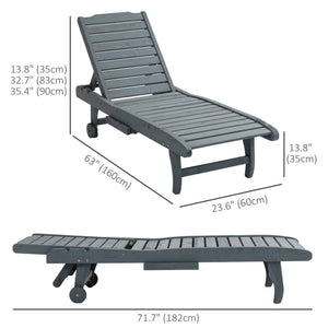 Wooden Outdoor Lounge Chair, Adjustable Patio Outdoor Chaise Recliner Garden Furniture, Tanning Chair with Pull-out Tray and 2 Wheels, Grey