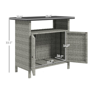 Outsunny Wicker Outdoor Storage Cabinet, Rattan Outdoor Bar Table with Two Doors and Shelf, Outdoor Buffet Cabinet Sideboard with Metal Slatted Countertop for Garden, Patio, Backyard, Gray