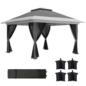 3.6 x 3.6m Pop Up Gazebo with Mesh Sides, UPF50+ Height Adjustable Party Tent Instant Event Shelter with Wheeled Carry Bag and Sand Bags for Garden, Patio, Dark Grey
