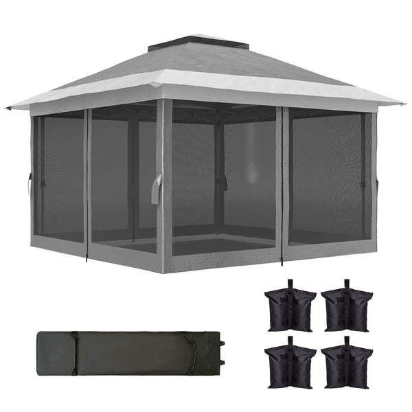 3.6 x 3.6m Pop Up Gazebo with Mesh Sides, UPF50+ Height Adjustable Party Tent Instant Event Shelter with Wheeled Carry Bag and Sand Bags for Garden, Patio, Dark Grey