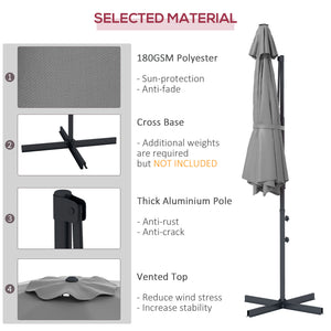 10 FT Cantilever Patio Umbrella, Round Hanging Offset Umbrella with 360°Rotation, Crank, Tilt, Cross Base, 8 Ribs, Air Vent, Outdoor Umbrella for Garden, Backyard, Grey