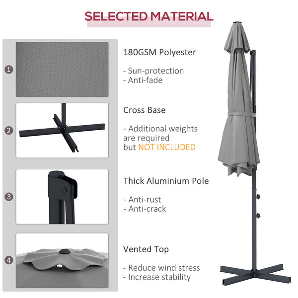10 FT Cantilever Patio Umbrella, Round Hanging Offset Umbrella with 360°Rotation, Crank, Tilt, Cross Base, 8 Ribs, Air Vent, Outdoor Umbrella for Garden, Backyard, Grey