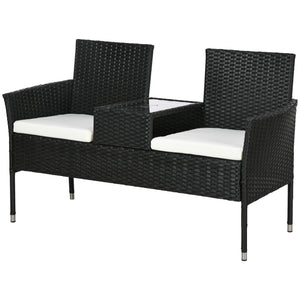2-Seat Patio Furniture with Tea Table, Outdoor PE Rattan Wicker Loveseat with Padded Cushions and Tempered Glass Top for Garden, Porch, Poolside, Cream White