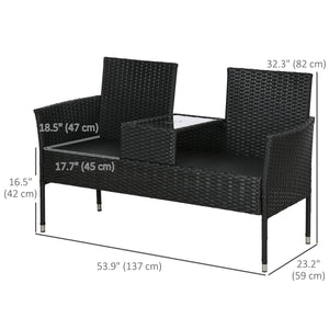 2-Seat Patio Furniture with Tea Table, Outdoor PE Rattan Wicker Loveseat with Padded Cushions and Tempered Glass Top for Garden, Porch, Poolside, Cream White