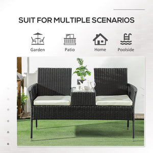 2-Seat Patio Furniture with Tea Table, Outdoor PE Rattan Wicker Loveseat with Padded Cushions and Tempered Glass Top for Garden, Porch, Poolside, Cream White