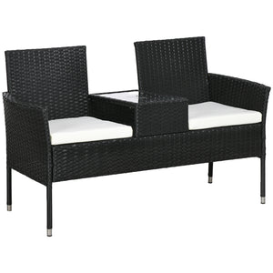 2-Seat Patio Furniture with Tea Table, Outdoor PE Rattan Wicker Loveseat with Padded Cushions and Tempered Glass Top for Garden, Porch, Poolside, Cream White