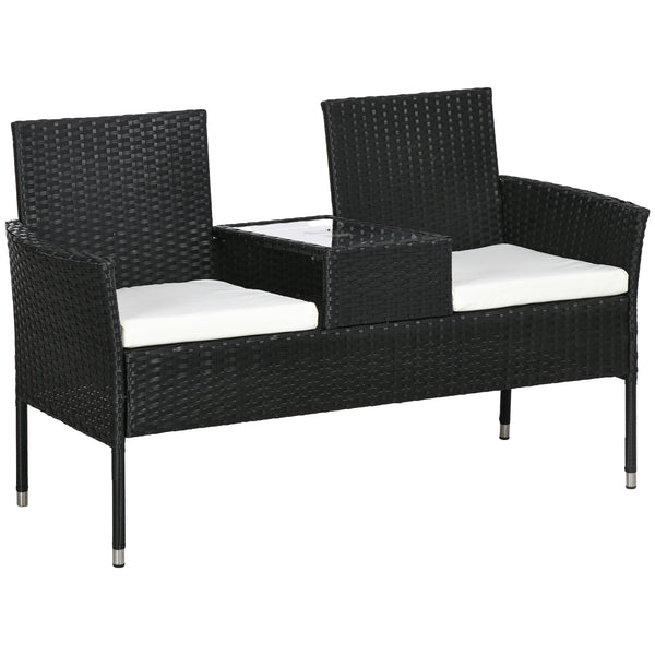 2-Seat Patio Furniture with Tea Table, Outdoor PE Rattan Wicker Loveseat with Padded Cushions and Tempered Glass Top for Garden, Porch, Poolside, Cream White