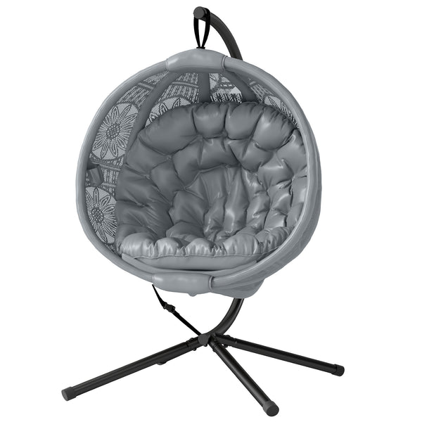 Outdoor Hanging Chair, Swing Chair with Metal Stand, Thick Padded Cushion, Foldable Basket and Side Pocket, for Indoor and Outdoor, Charcoal Grey