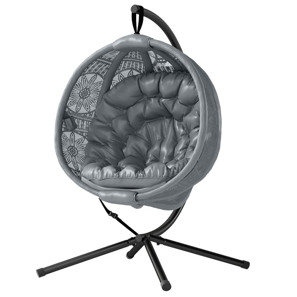 Outdoor Hanging Chair, Swing Chair with Metal Stand, Thick Padded Cushion, Foldable Basket and Side Pocket, for Indoor and Outdoor, Charcoal Grey