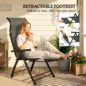 Folding Patio Chairs Set of 2, Reclining Outdoor Chair with 33.5" High Back, Retractable Footrest, 5-Position Outdoor Recliner Lounge Chairs for Lawn Yard Beach, Dark Grey