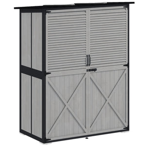 Outdoor Storage Cabinet, Wood Garden Tool Shed with Lock, Steel Frame and Asphalt Roof, Garden Storage Shed with Adjustable Shelves and Feet for Patio Backyard Lawn, Gray