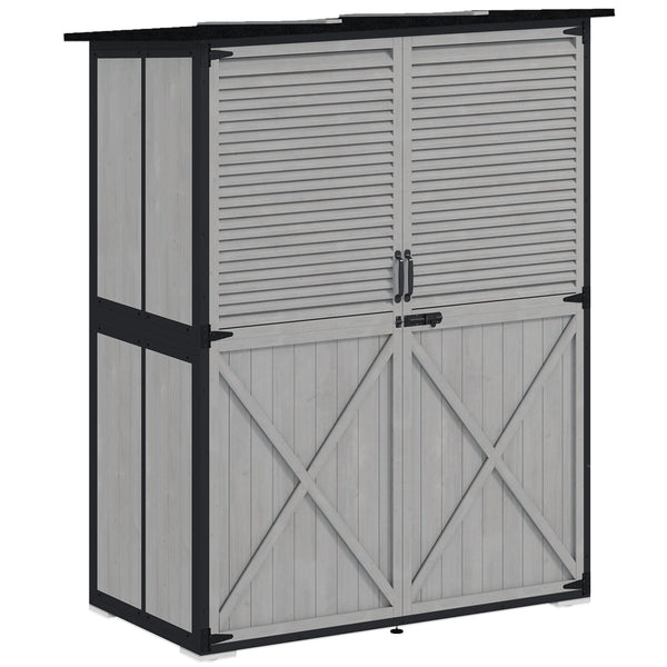 Outdoor Storage Cabinet, Wood Garden Tool Shed with Lock, Steel Frame and Asphalt Roof, Garden Storage Shed with Adjustable Shelves and Feet for Patio Backyard Lawn, Gray