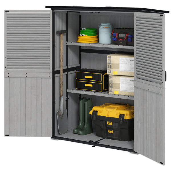 Outdoor Storage Cabinet, Wood Garden Tool Shed with Lock, Steel Frame and Asphalt Roof, Garden Storage Shed with Adjustable Shelves and Feet for Patio Backyard Lawn, Gray