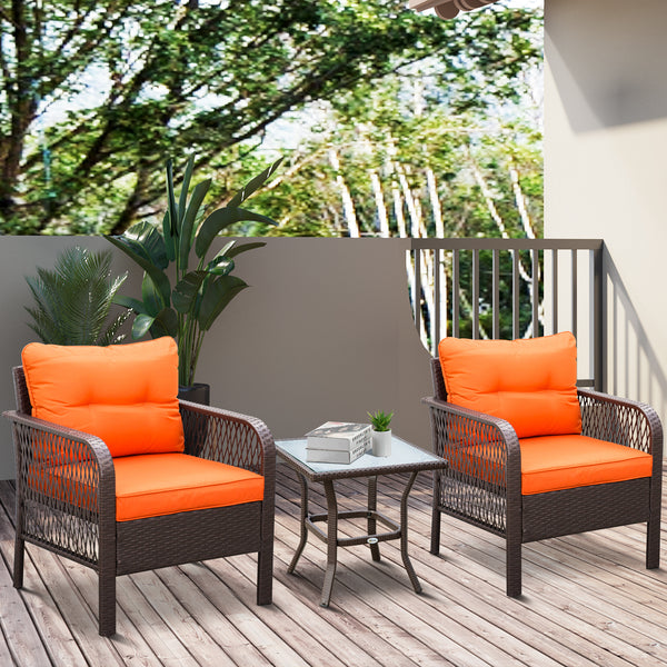 3 Pieces Rattan Bistro Set, Wicker Garden Furniture Set with Glass Top Coffee Table and Chairs, Thickened Cushions for Outdoor, Patio, Balcony, Orange