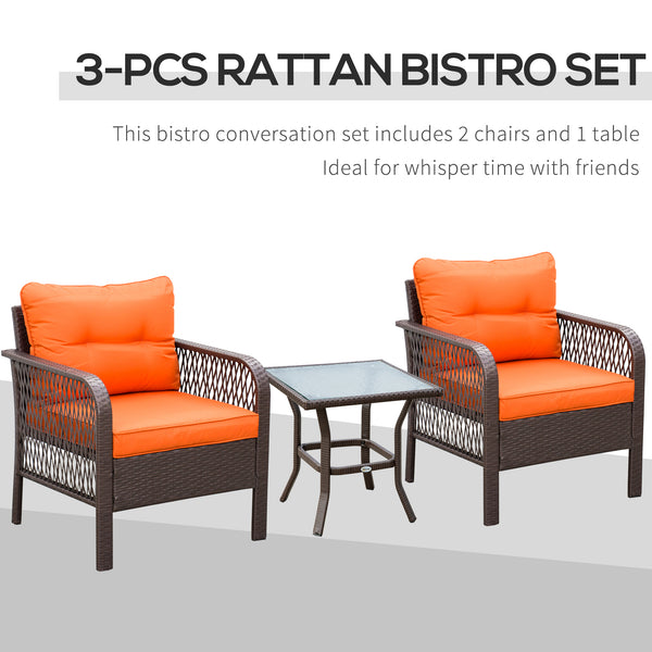 3 Pieces Rattan Bistro Set, Wicker Garden Furniture Set with Glass Top Coffee Table and Chairs, Thickened Cushions for Outdoor, Patio, Balcony, Orange