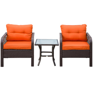 3 Pieces Rattan Bistro Set, Wicker Garden Furniture Set with Glass Top Coffee Table and Chairs, Thickened Cushions for Outdoor, Patio, Balcony, Orange