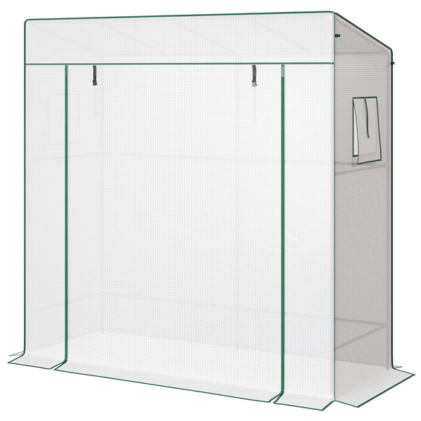 Lean-to Tomato Greenhouse with PE Cover, Walk-in Green House with Roll-up Door and 2 Mesh Windows, Portable Plant Grow House for Indoor Outdoor, 77.2"x30.3"x77.6", White