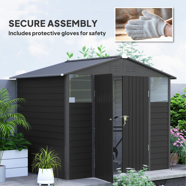 8' x 6' Outdoor Storage Shed, Galvanized Metal Garden Shed with 2 Windows, 4 Vents, Lockable Doors and Gloves, Tool Shed for Backyard, Patio, Lawn, Dark Grey