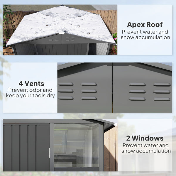 8' x 6' Outdoor Storage Shed, Galvanized Metal Garden Shed with 2 Windows, 4 Vents, Lockable Doors and Gloves, Tool Shed for Backyard, Patio, Lawn, Dark Grey