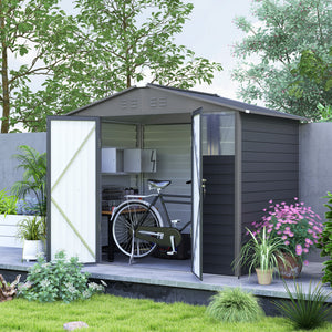 8' x 6' Outdoor Storage Shed, Galvanized Metal Garden Shed with 2 Windows, 4 Vents, Lockable Doors and Gloves, Tool Shed for Backyard, Patio, Lawn, Dark Grey