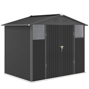 8' x 6' Outdoor Storage Shed, Galvanized Metal Garden Shed with 2 Windows, 4 Vents, Lockable Doors and Gloves, Tool Shed for Backyard, Patio, Lawn, Dark Grey