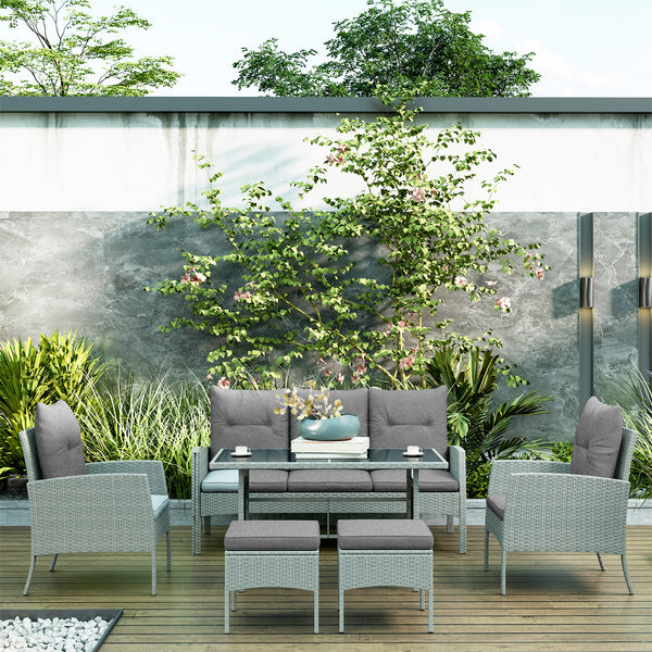 5 Seater Rattan Garden Furniture Set, 2 Armchairs, 3-Seater Wicker Sofa, 2 Footstools and Glass Table, 6 Piece Patio Rattan furniture Sofa Sets with Cushions for Conservatory, Grey