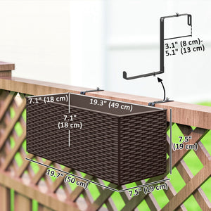 2 Pack Railing Planter Box, 20 Inch Hanging Flower Pots with Hooks and Drainage Hole, Rectangular Planters for Fence, Balcony, Garden, Patio, Rattan Look, Brown