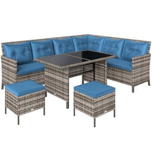6 Pieces Patio Dining Set Wicker Outdoor Furniture Set Garden Rattan Sofa Set Outdoor Sectional Couch with Cushions, Dining Table and Ottomans, Blue