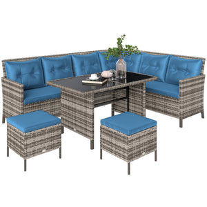 6 Pieces Patio Dining Set Wicker Outdoor Furniture Set Garden Rattan Sofa Set Outdoor Sectional Couch with Cushions, Dining Table and Ottomans, Blue