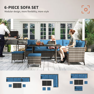 6 Pieces Patio Dining Set Wicker Outdoor Furniture Set Garden Rattan Sofa Set Outdoor Sectional Couch with Cushions, Dining Table and Ottomans, Blue